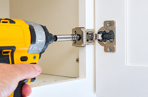 Person Using Drill to Install Hinge on White Cabinet Door